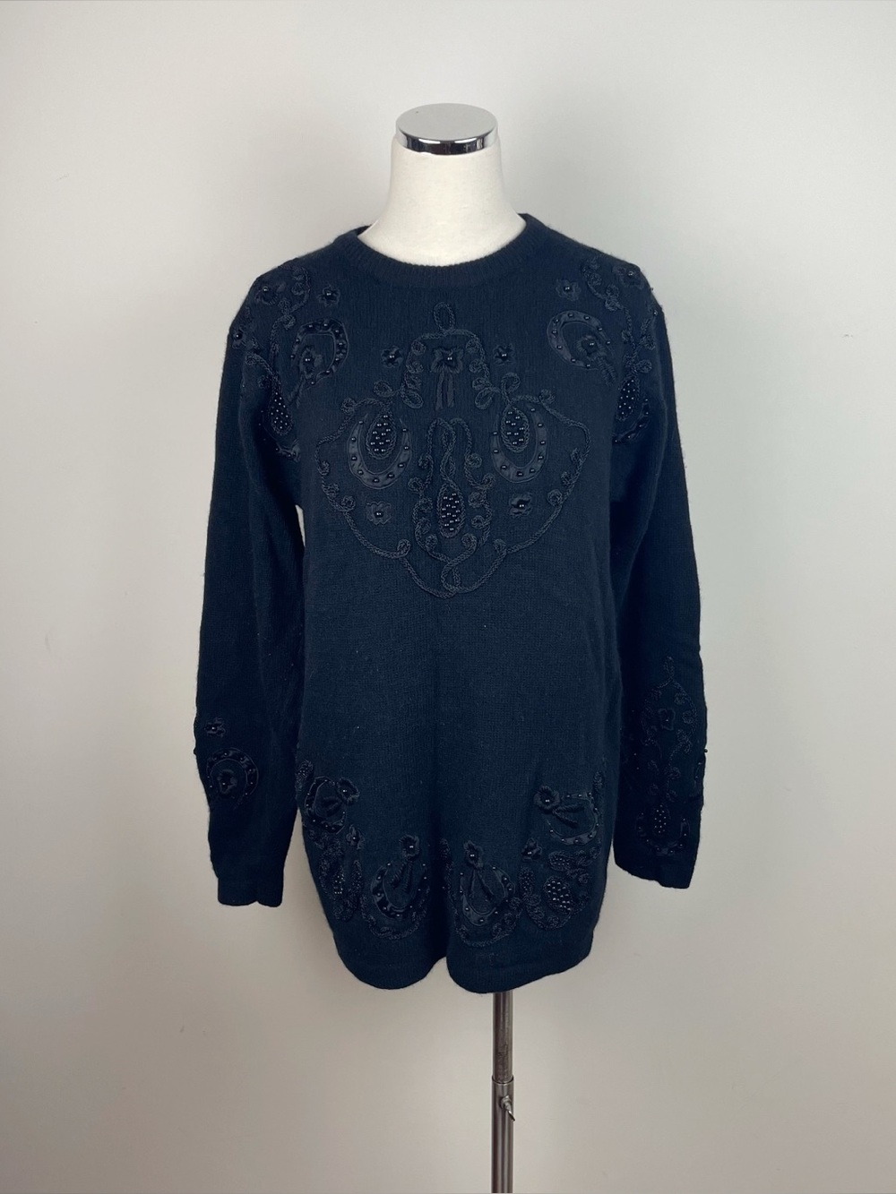 Carducci Black Lambswool Angora Rabbit Hair Beaded Paisley Sweater Women Medium